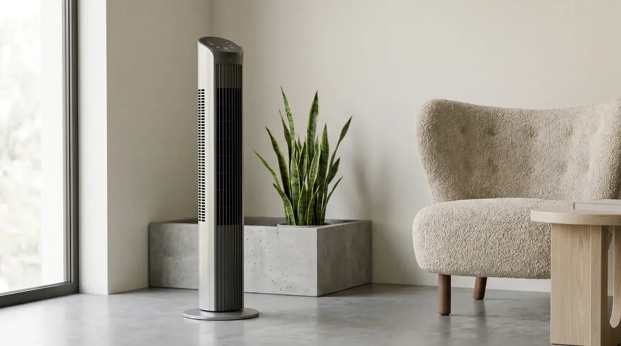 Slim tower fan standing in a modern living room corner with narrow vents and sleek vertical design.