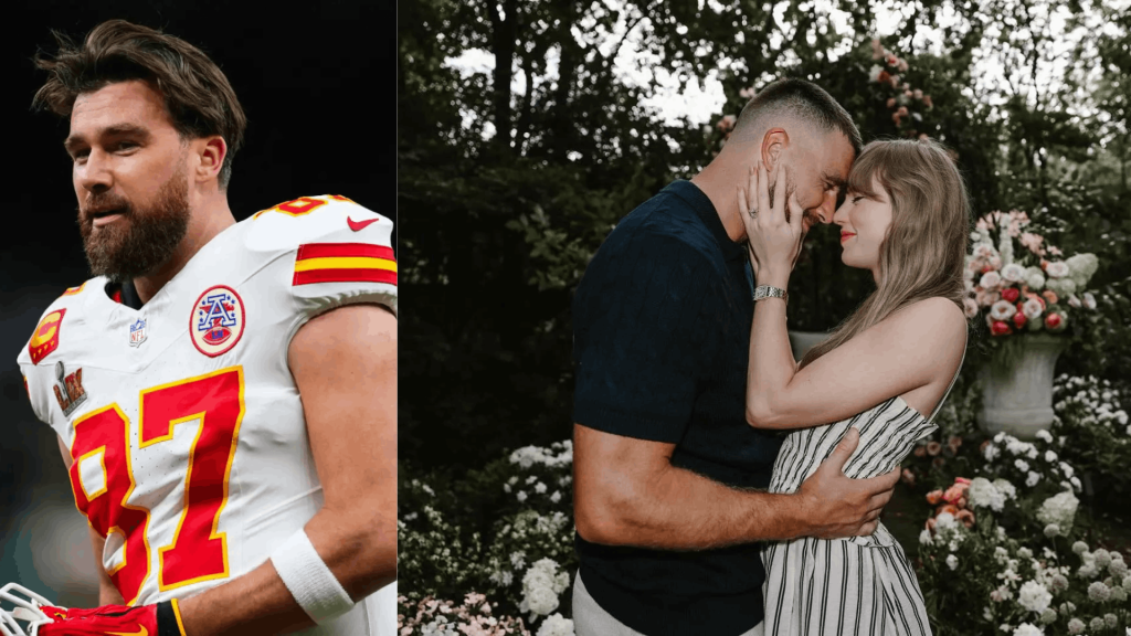 Taylor Swift and Travis Kelce engagement themed image showing modern romance and relationship milestone after 2025.