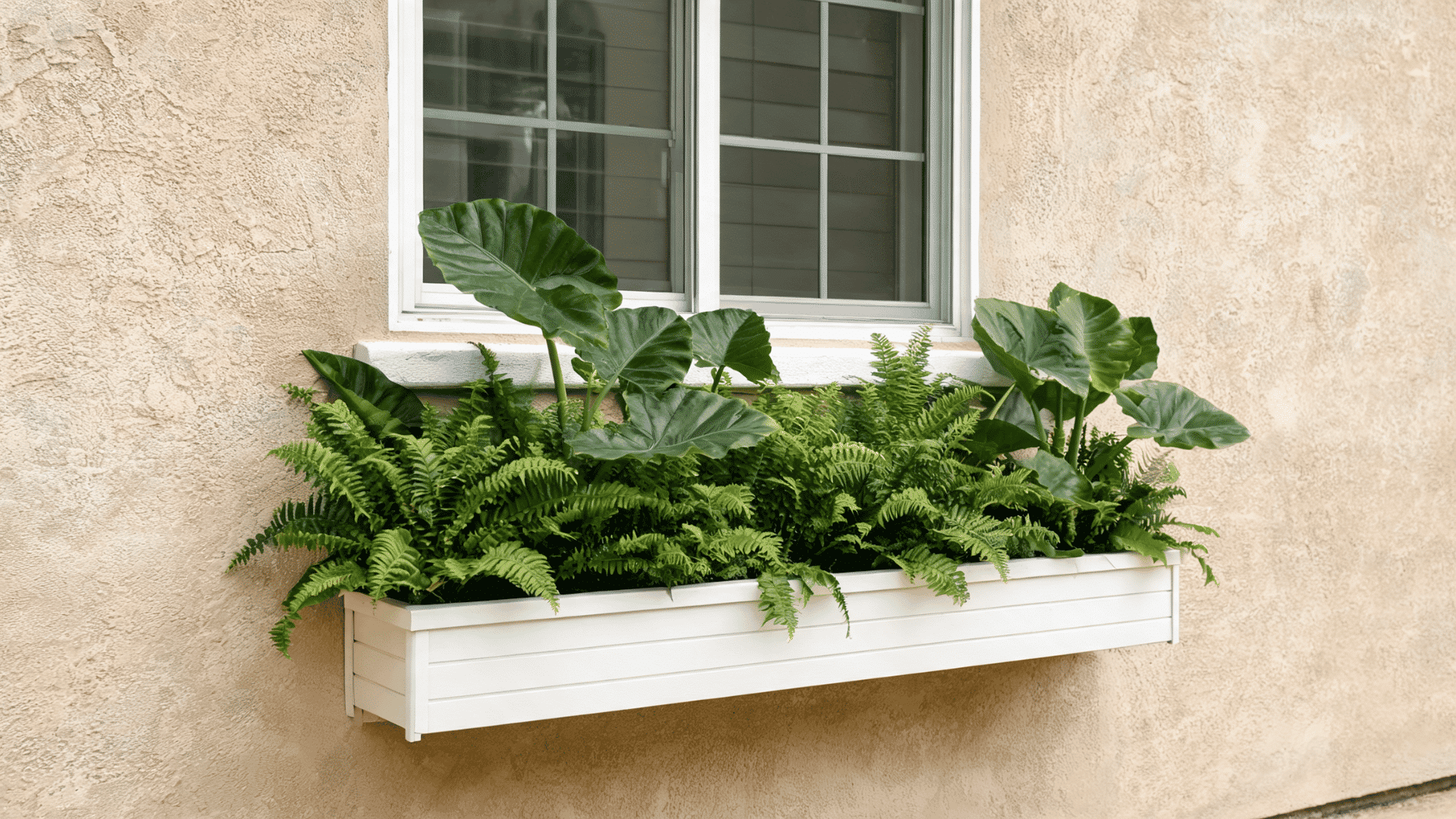 A long white window box planter filled with lush green ferns and large elephant ear plants, mounted on a textured beige wall below a window.