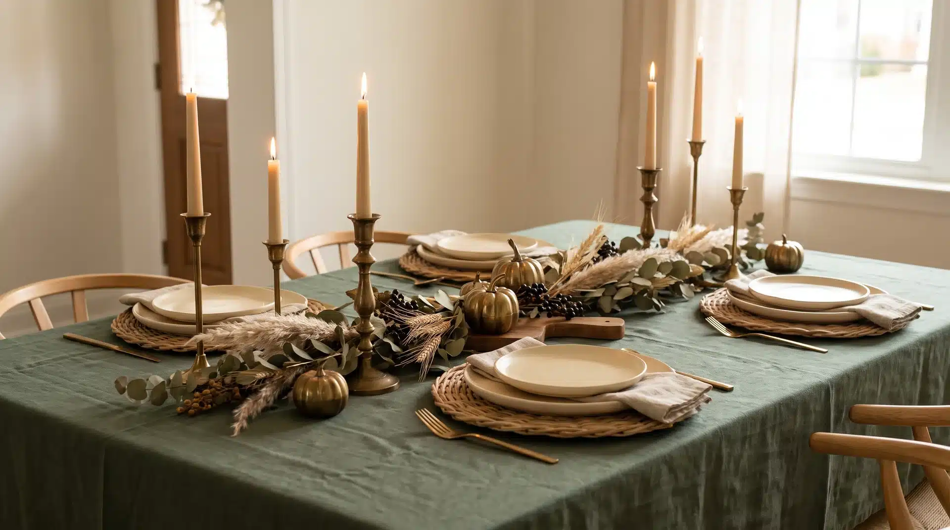 Modern Thanksgiving table with sage, ivory, and brass accents.