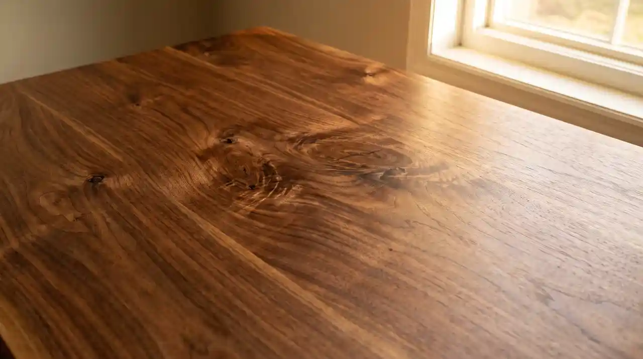 Walnut tabletop showing grain after tung oil natural wood finish application under warm workshop lighting.