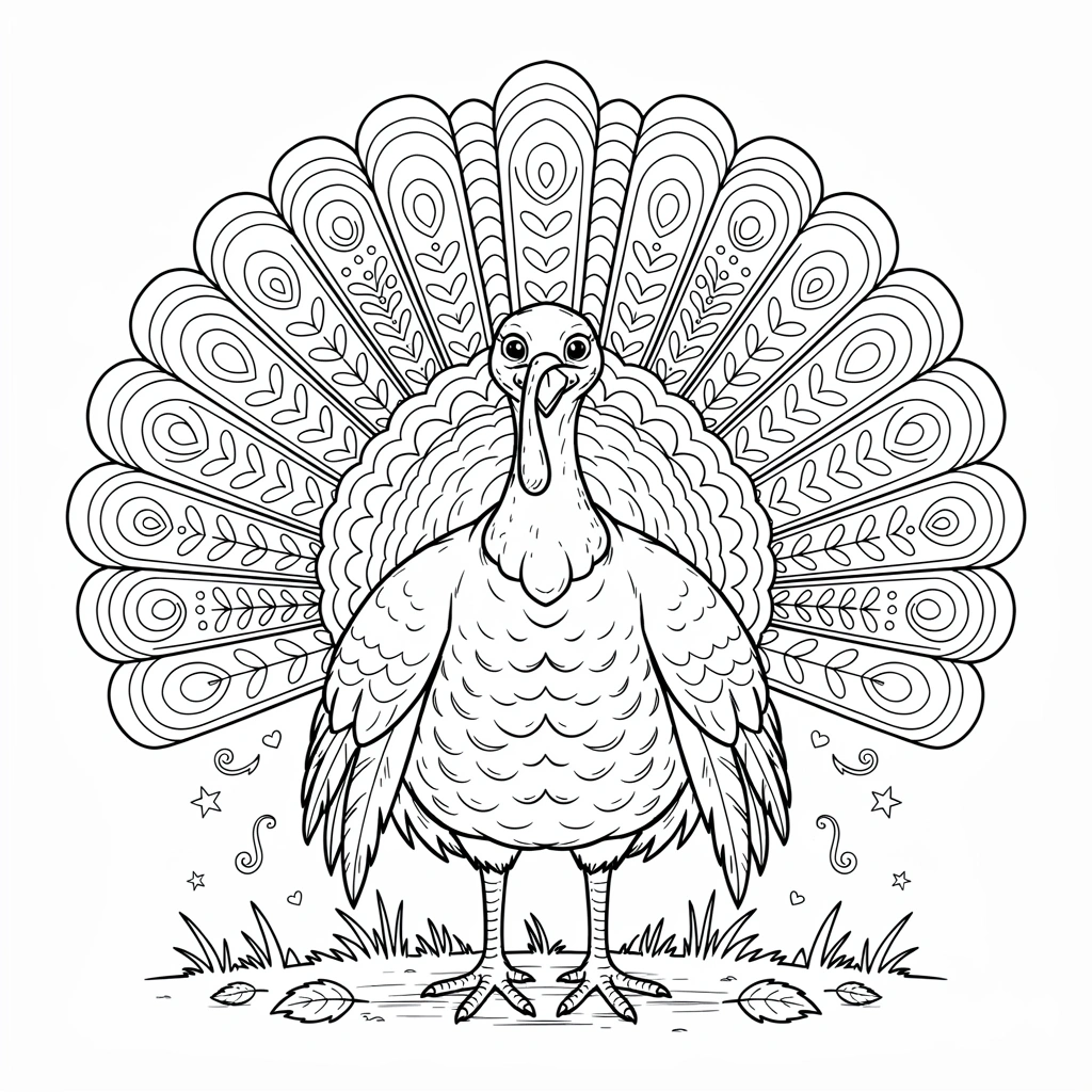 urkey feathers coloring page featuring an extra-detailed feather display, giving kids room to experiment with different color combinations