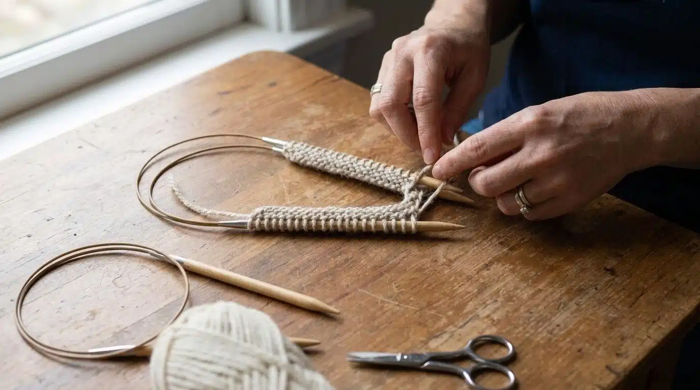Close-up of circular needle length used for magic loop knitting