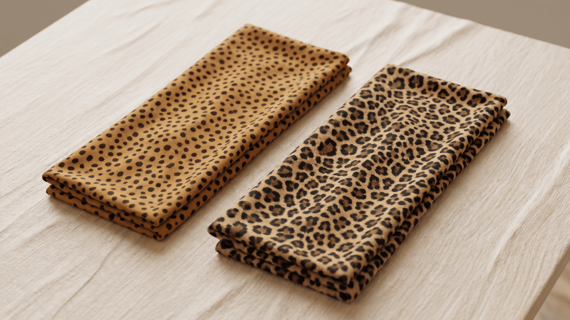 Two folded fabric strips showing cheetah print with even spots and leopard print with clustered rosettes