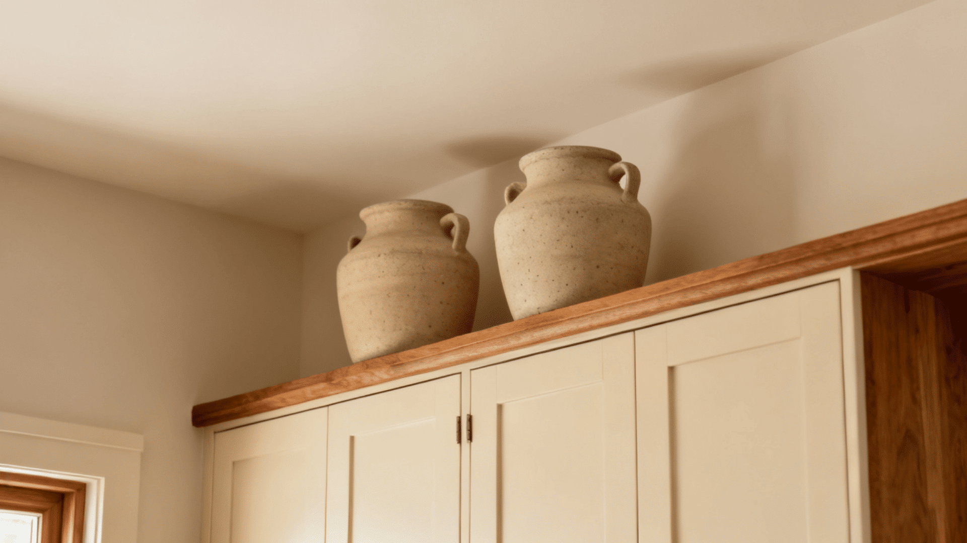 Two stoneware crocks with handles on top of cream kitchen cabinets.