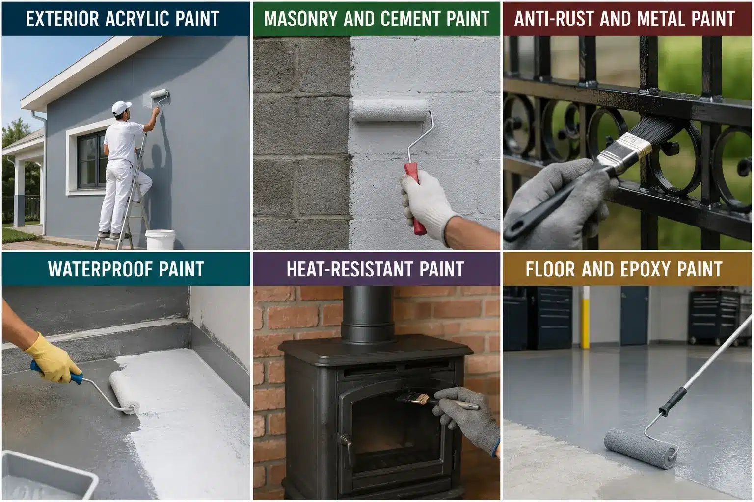 Six-panel guide showing exterior acrylic, masonry, metal, waterproof, heat-resistant, and epoxy floor paints in use.
