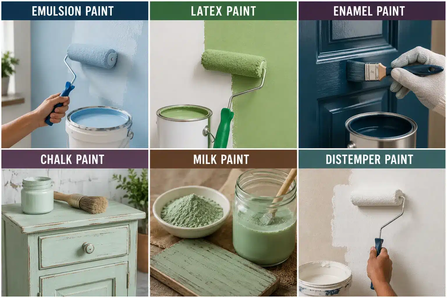 Six-panel guide showing emulsion, latex, enamel, chalk, milk, and distemper paint applications.