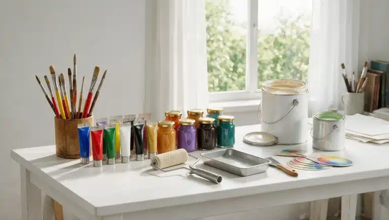 Paint brushes, tubes, jars, rollers, and cans arranged on a bright studio table near a sunny window.
