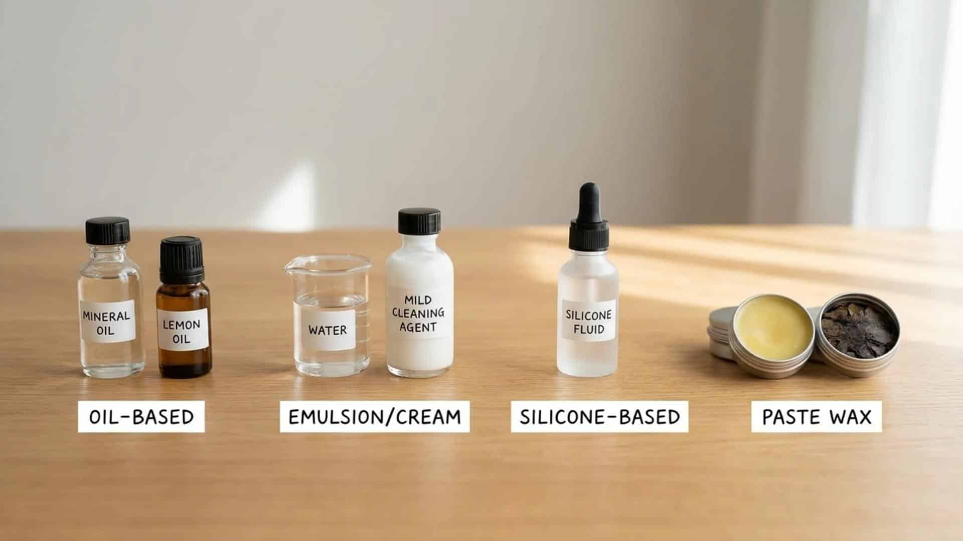 Four types of wood polish displayed: oil-based, emulsion, silicone-based, and paste wax.