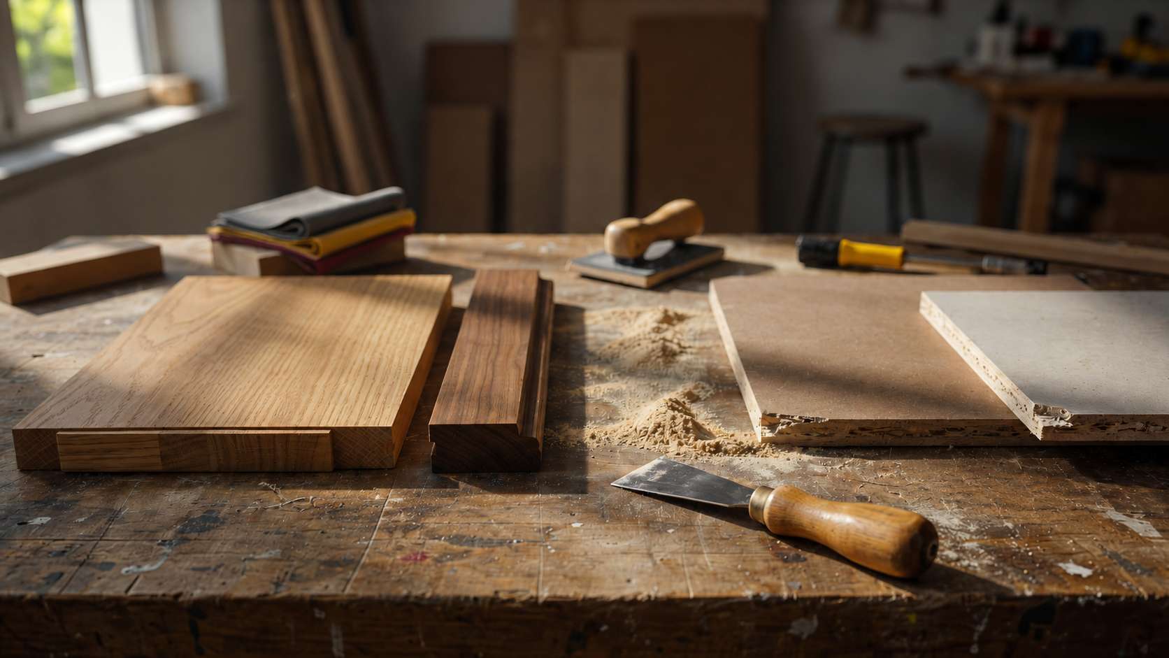 Comparison of solid wood and MDF furniture showing refinishing suitability and surface durability differences