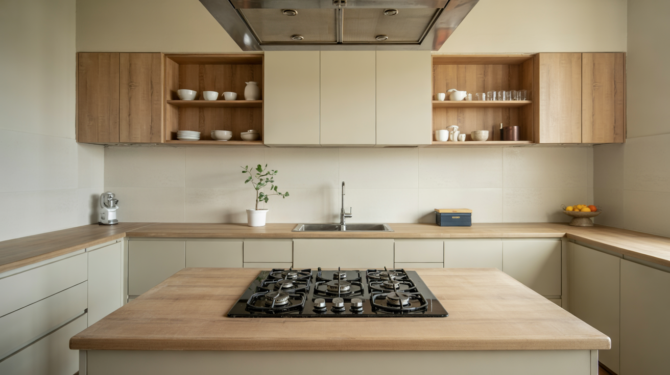 Modern U-shaped kitchen featuring light wood countertops, minimalist upper cabinets with open shelving, and a gas stovetop.