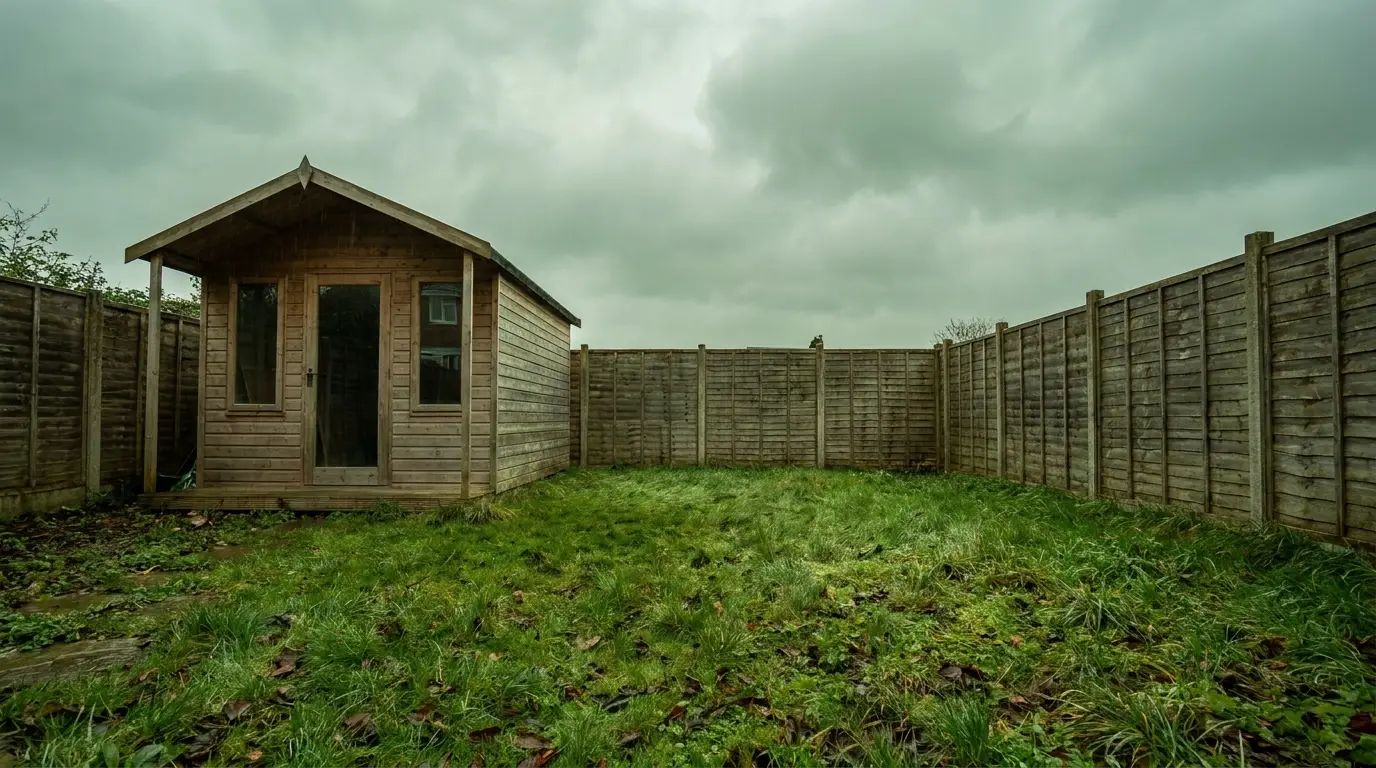 Wooden shed in fenced backyard under cloudy sky with overgrown grass