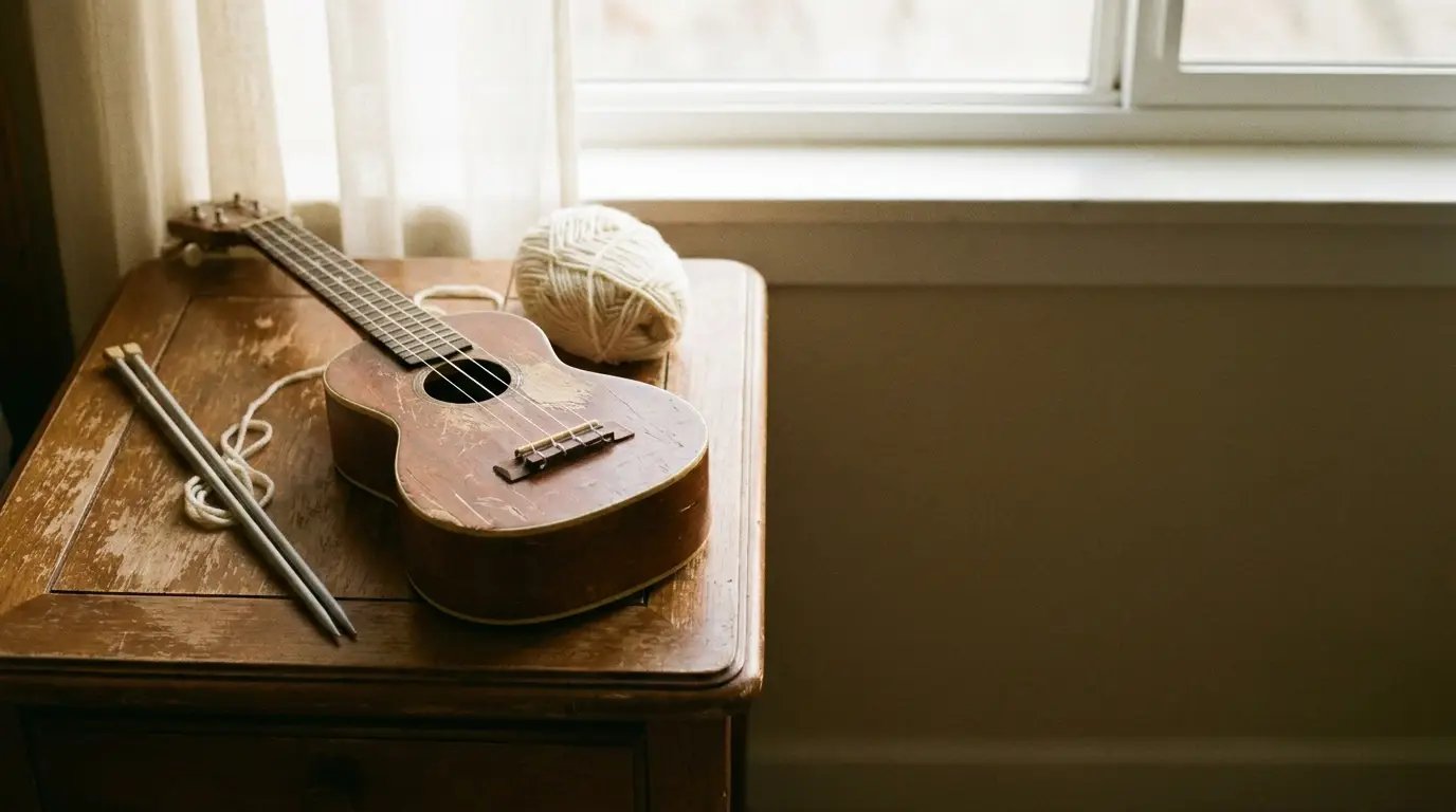 Ukulele and knitting supplies on a wooden table next to a window