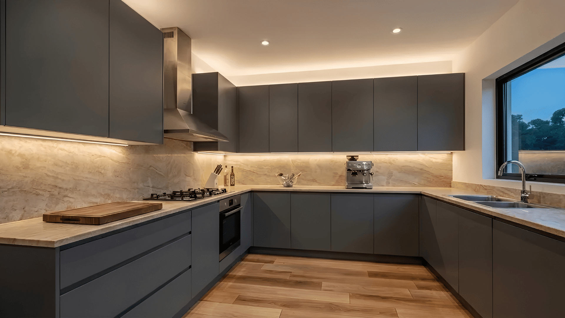 Under-cabinet LED strip lights illuminating a marble backsplash in a gray kitchen.