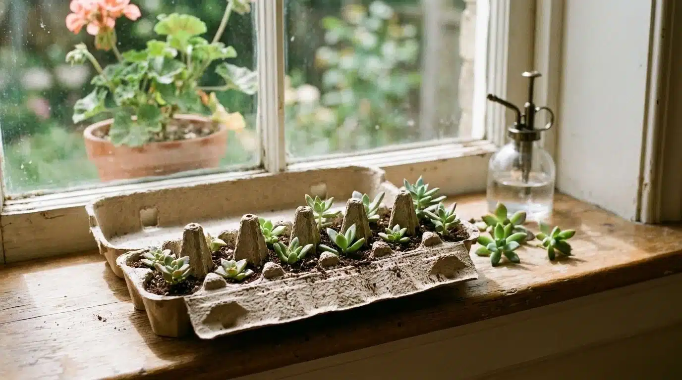Egg carton holding tiny succulent cuttings on a windowsill