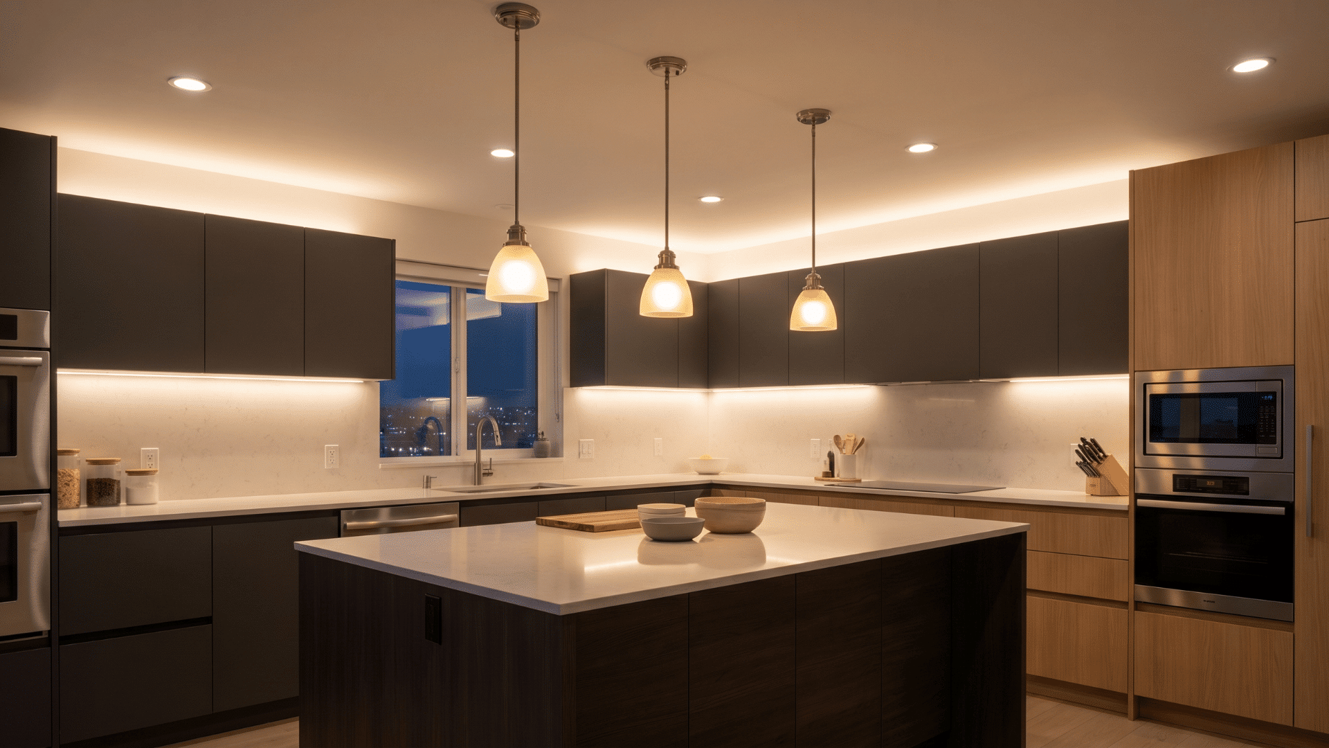 Modern kitchen with under-cabinet LED lights and pendant lighting over island creating a warm, functional space.