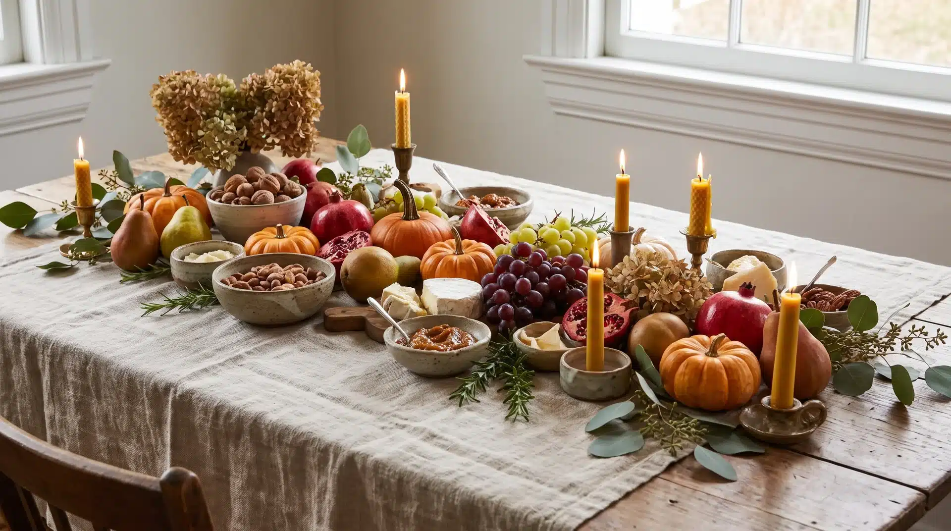 Thanksgiving table with organic grazing centerpiece and candles.