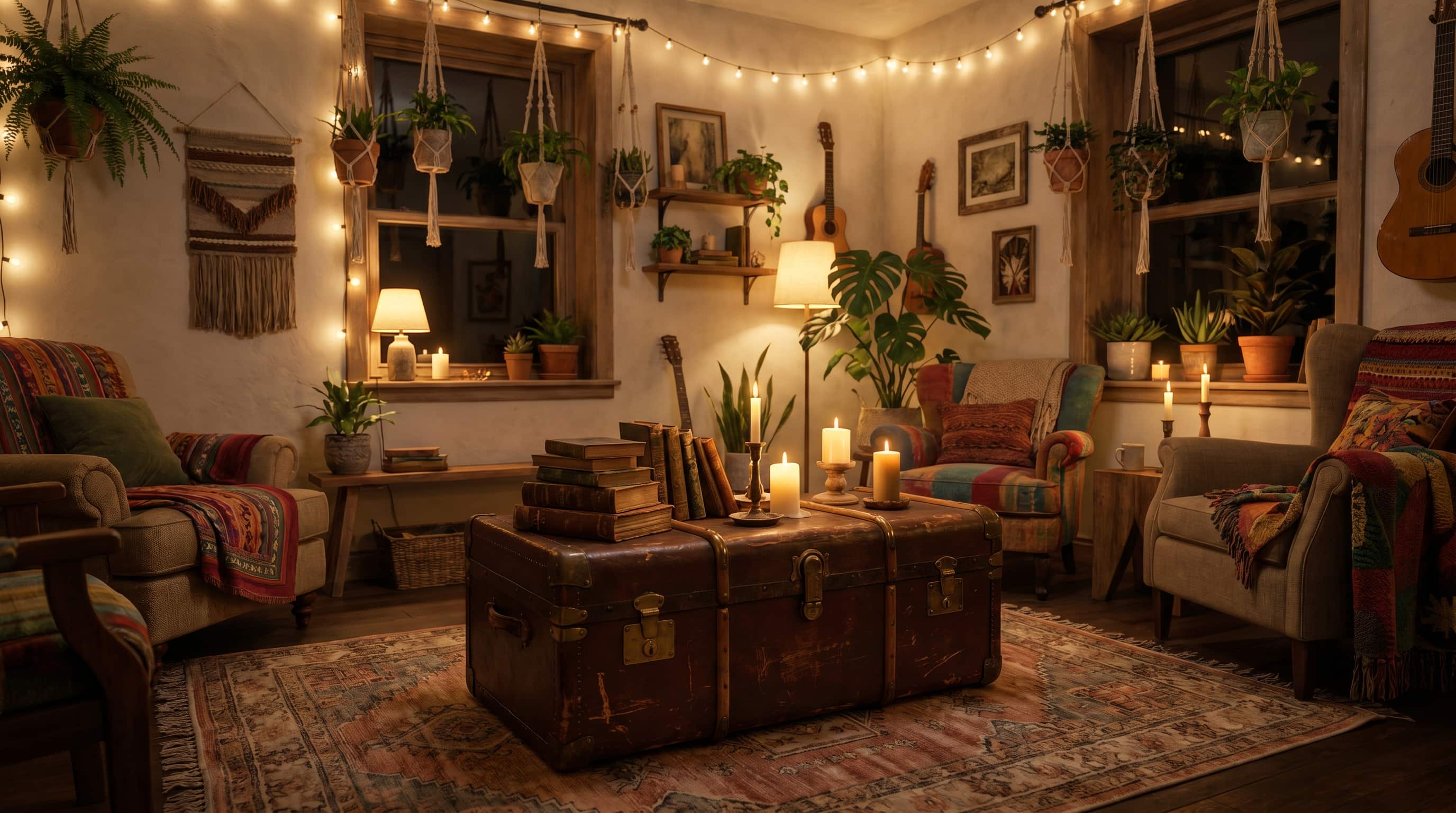 Bohemian interior design living room with vintage trunk coffee table, candles, layered textiles, and hanging plants.