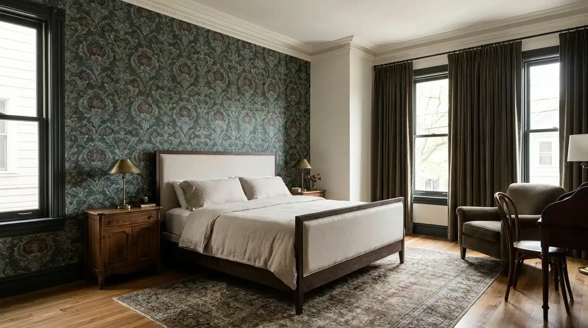 Modern Victorian bedroom with bold floral wallpaper and elegant vintage-inspired decor.