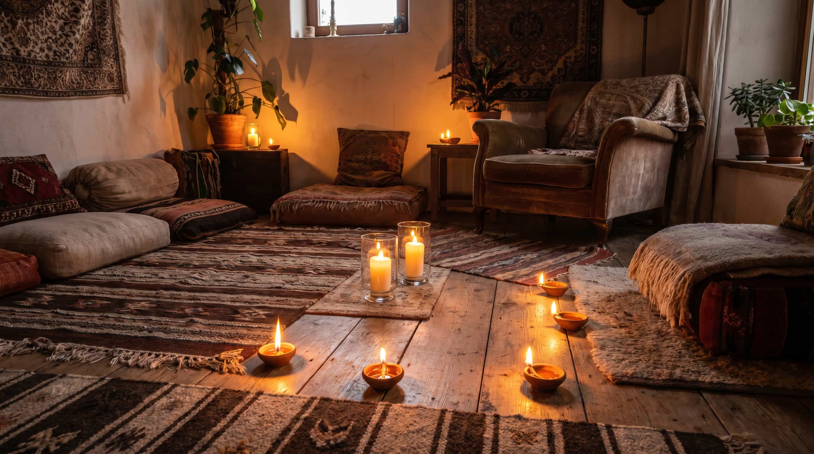 Bohemian interior design meditation corner featuring candle clusters, layered rugs, floor cushions, and earthy textures.