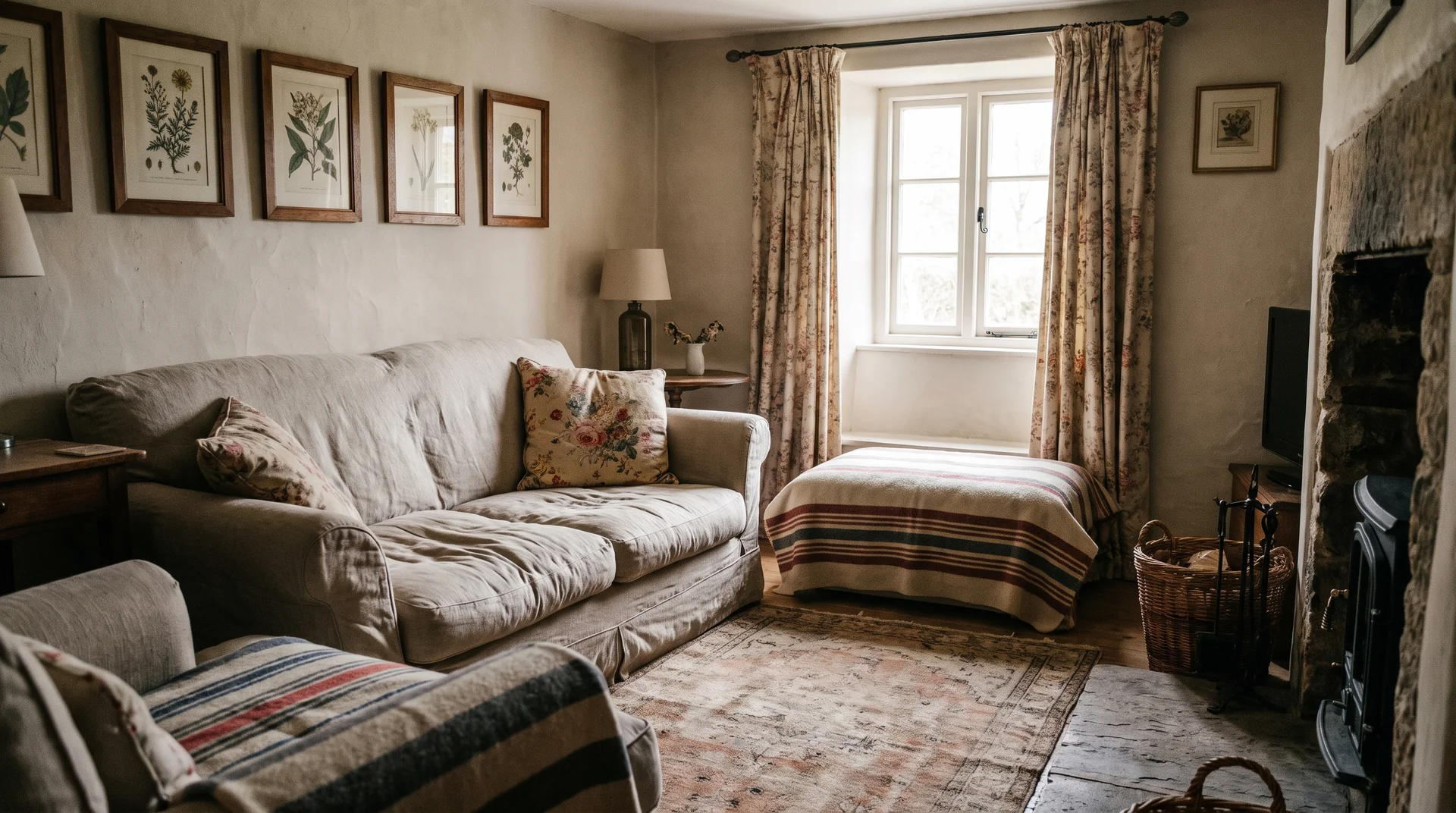 Cottage living room with floral cushions and botanical wall art.