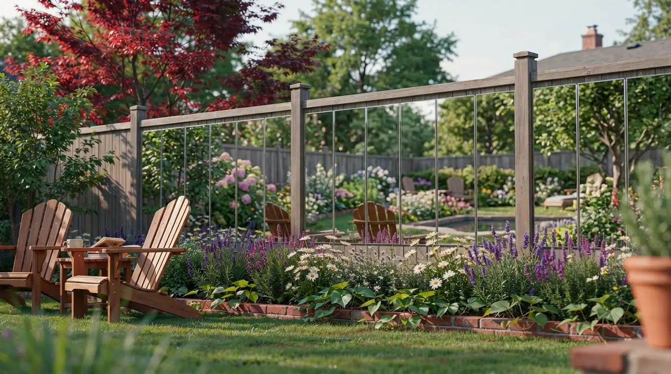 Small backyard with outdoor mirror features reflecting greenery and adding depth to the space.