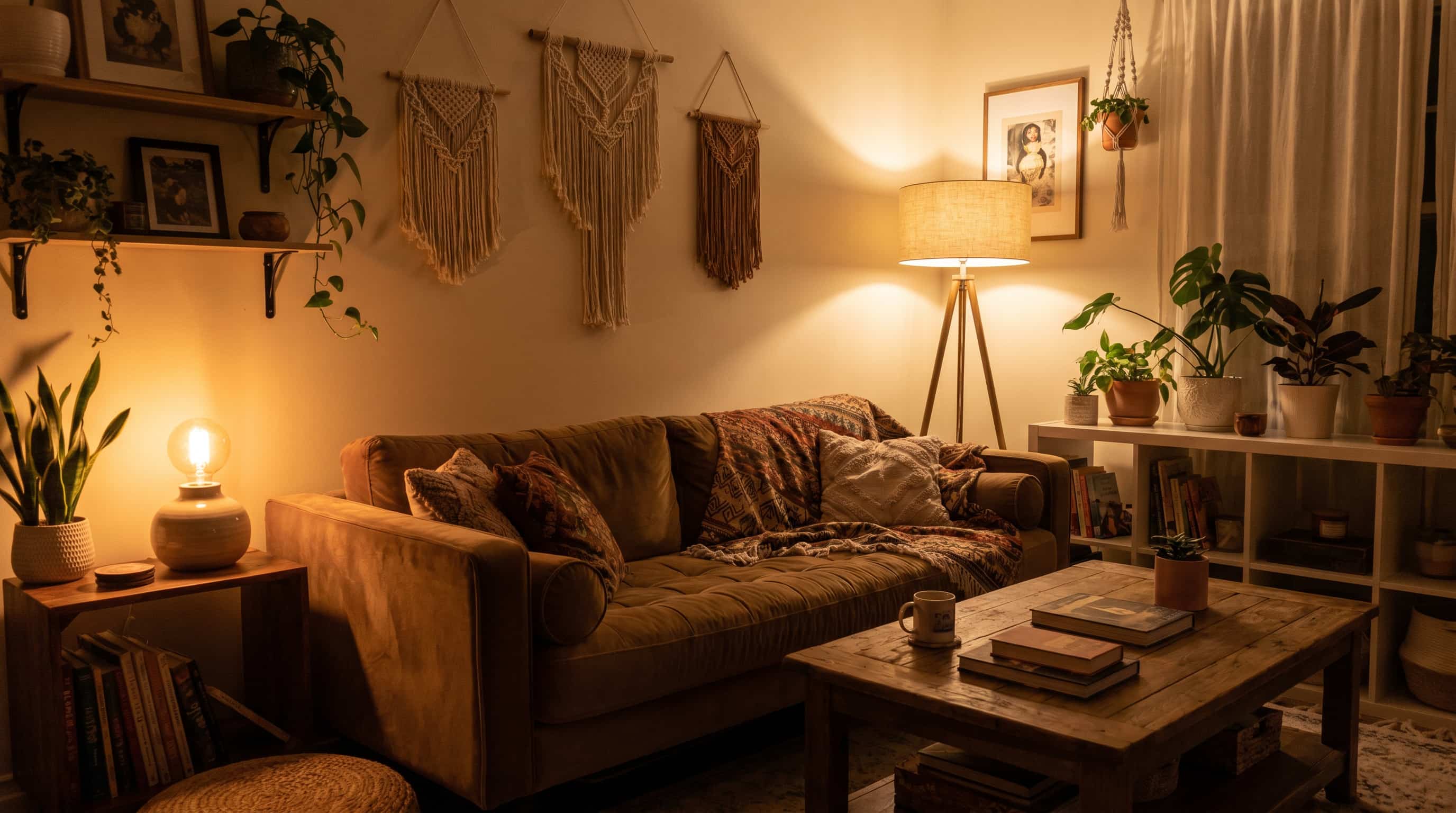 Bohemian interior design lounge illuminated by warm bulbs, soft lighting, plants, and layered earthy textiles.