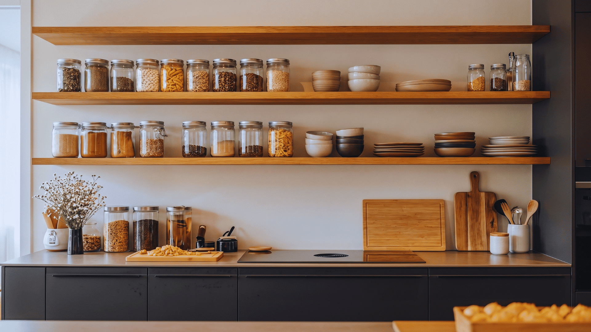 Open kitchen shelves with neatly arranged jars and ceramics in a clean, minimal modern kitchen setup.