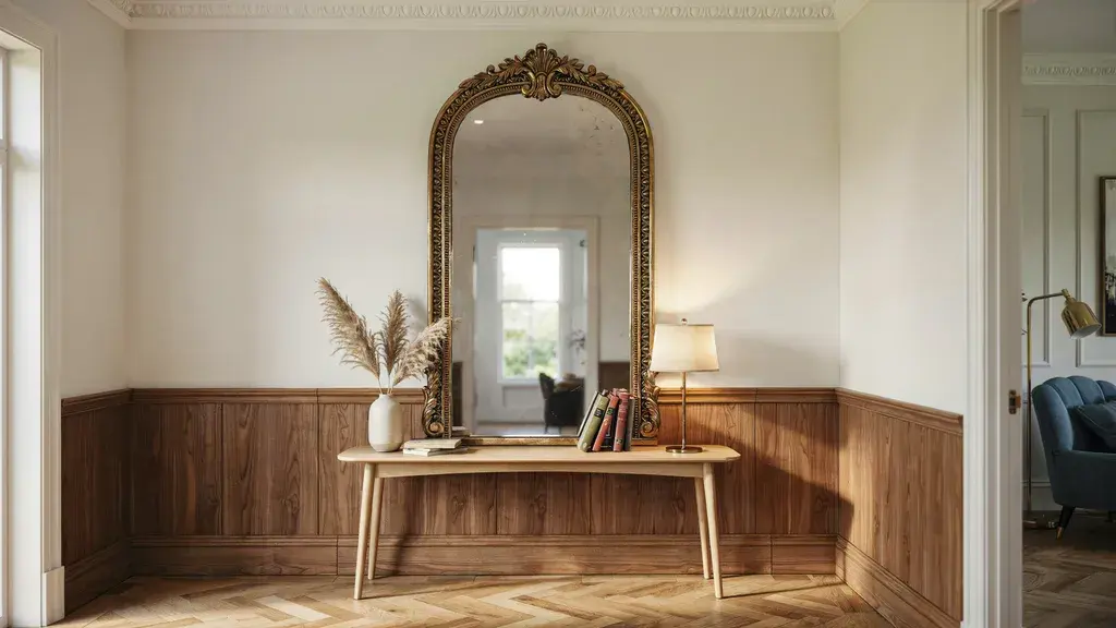 Modern Victorian entryway with ornate mirror and elegant classic details.