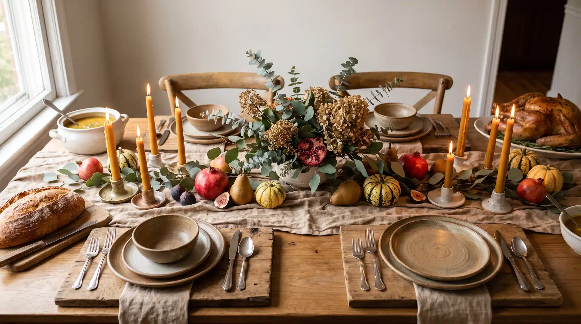 Modern Thanksgiving place setting with layered natural textures.