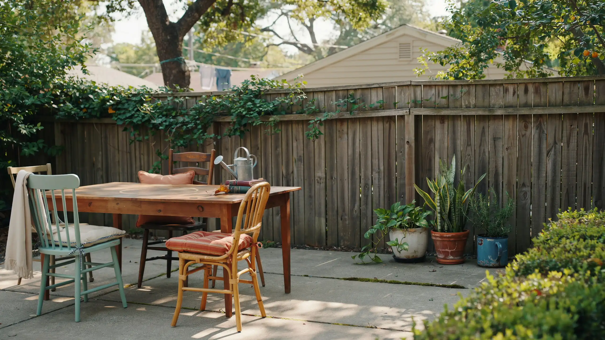 Backyard featuring refreshed secondhand outdoor furniture with cushions and decorative accents.