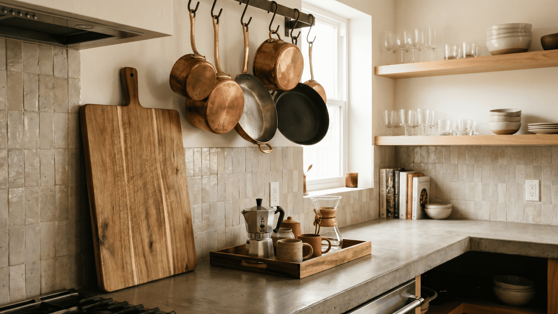 Kitchen with chopping board, copper pots, mugs, and glassware used as stylish everyday decor elements.