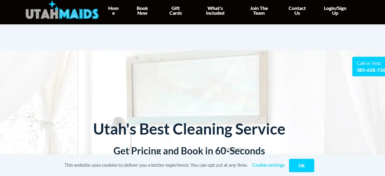Website header with cleaning service promotion and contact number in bright design