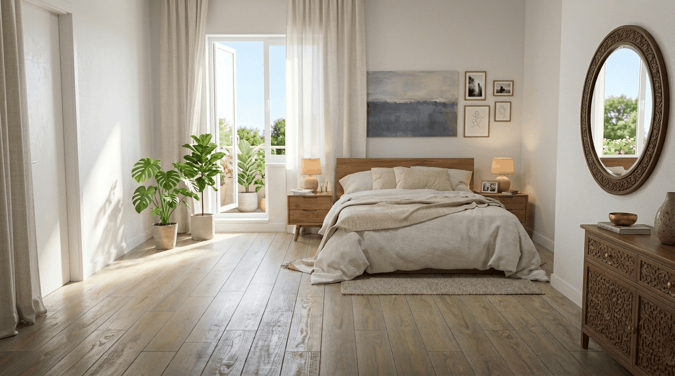Bedroom mirror placement following traditional Vastu-inspired design principles