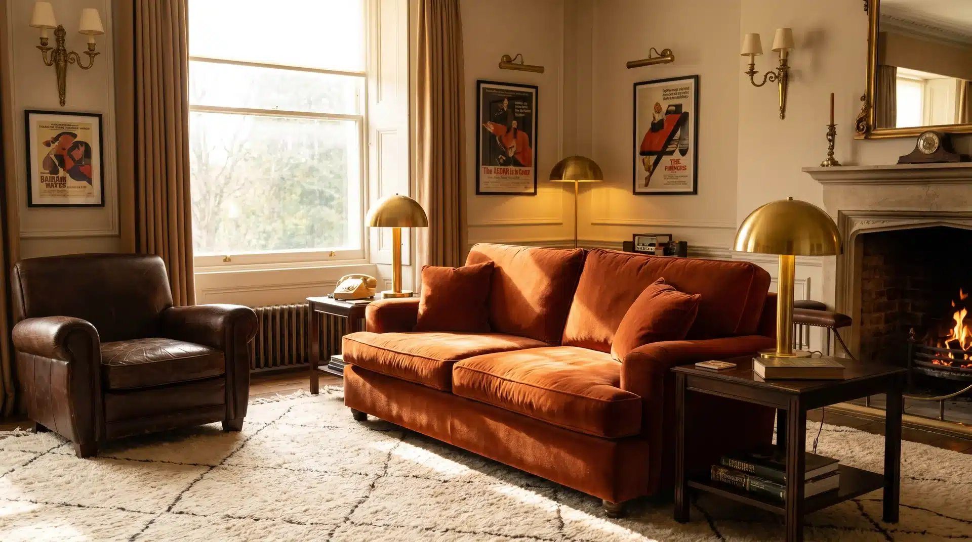 Burnt orange velvet sofa creating a rich 70s inspired lounge.