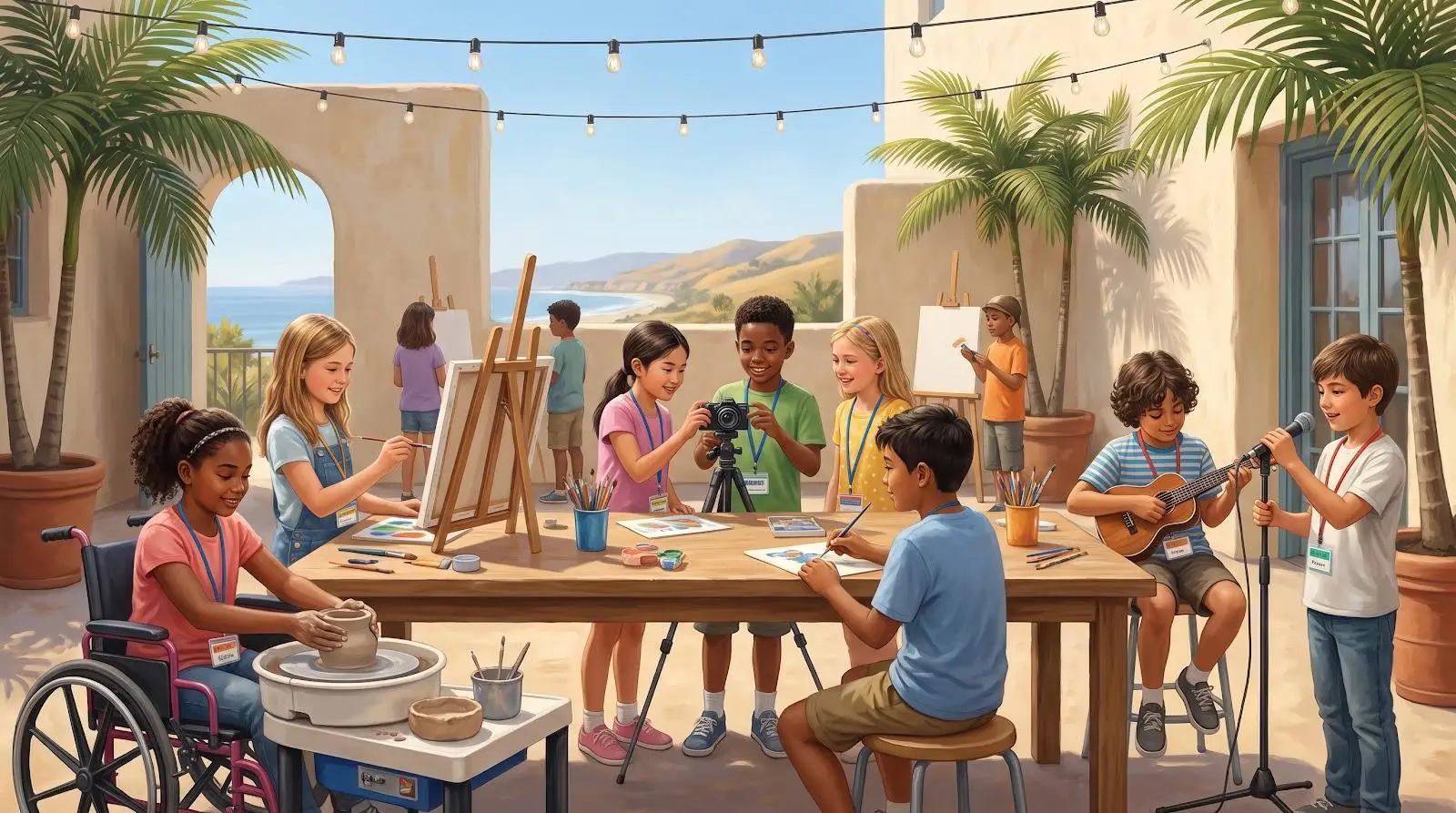 Children engaged in various creative activities on a sunlit terrace with palm trees and ocean view
