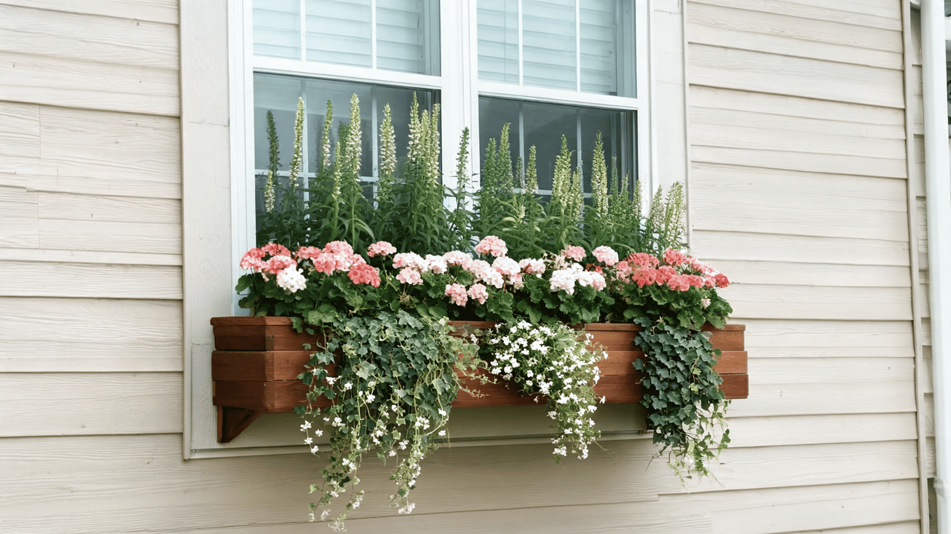 A wooden window box planter arranged with tall green flower spikes, a middle row of pink and white geraniums, and trailing green ivy cascading down the front.