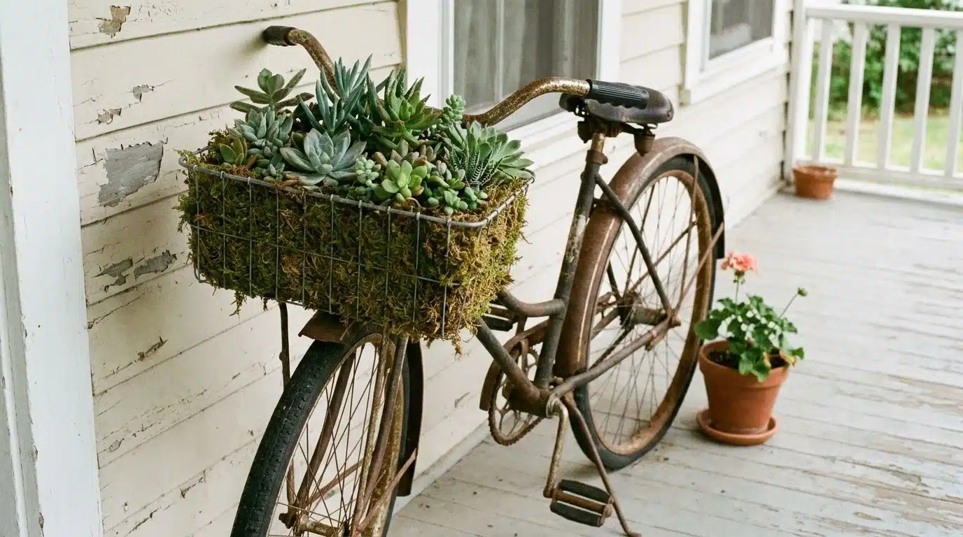 Bicycle basket lined with moss and filled with succulents
