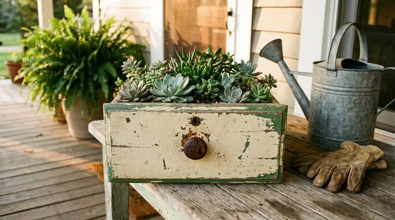 Old wooden drawer filled with soil and succulents