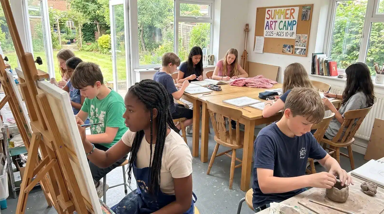 Children engaged in art projects like painting and sculpting in a bright art studio setting