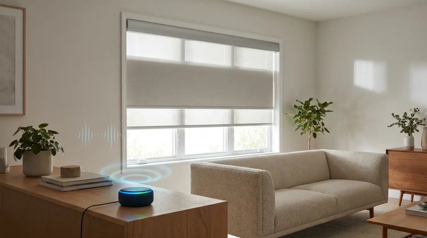 Smart voice-controlled blinds adjusting automatically in a modern office interior with clean minimalist styling.