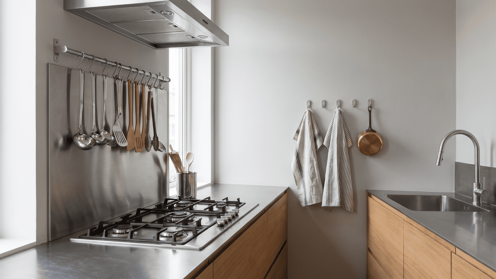 Kitchen wall hooks holding utensils and cloths with organized rail storage in a clean modern kitchen setup.