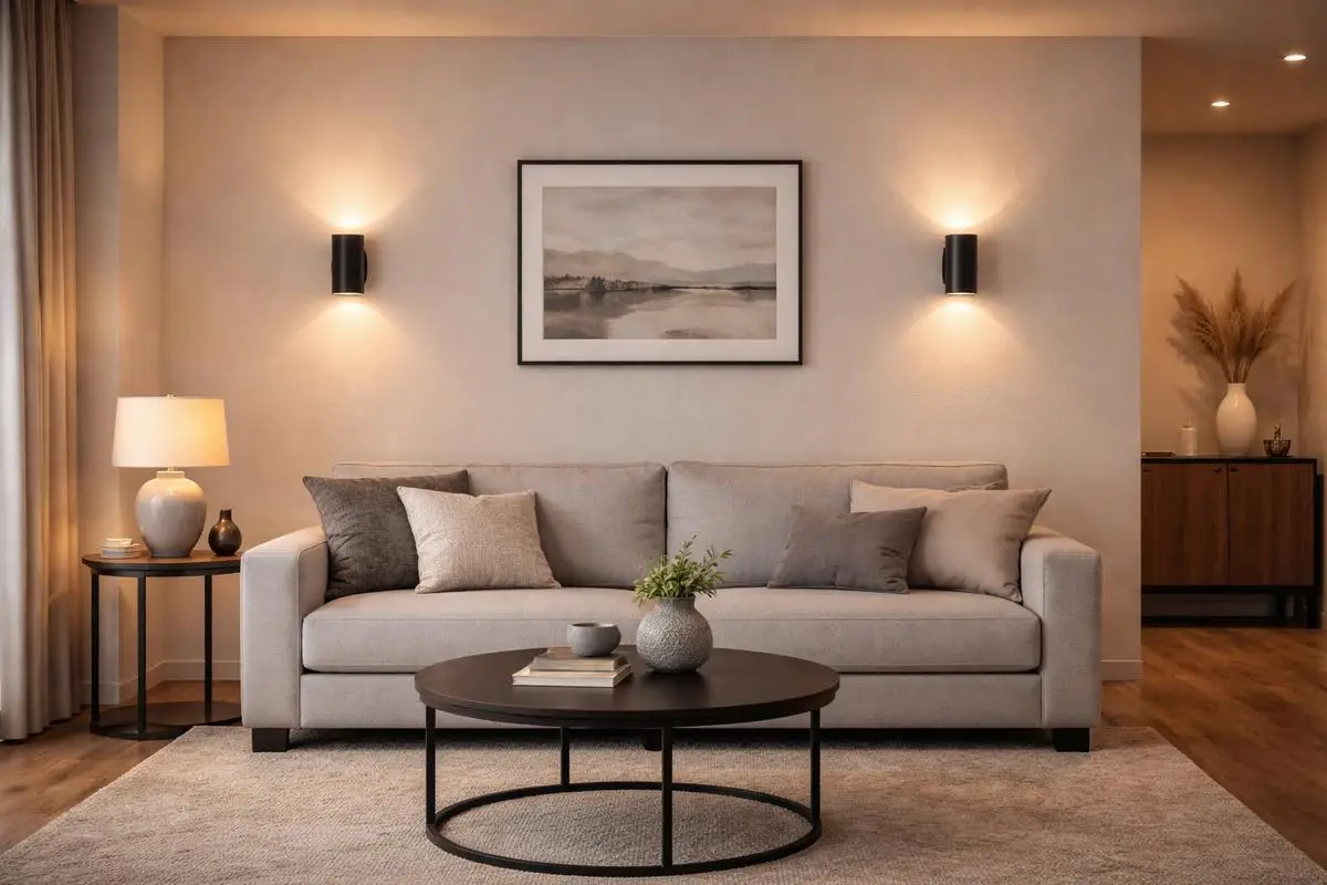 Contemporary living room with gray sofa, black coffee table, and wall art under warm lighting