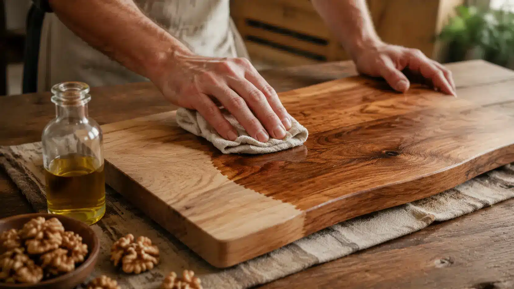 Walnut oil and cutting board showing food-safe natural wood finish application.