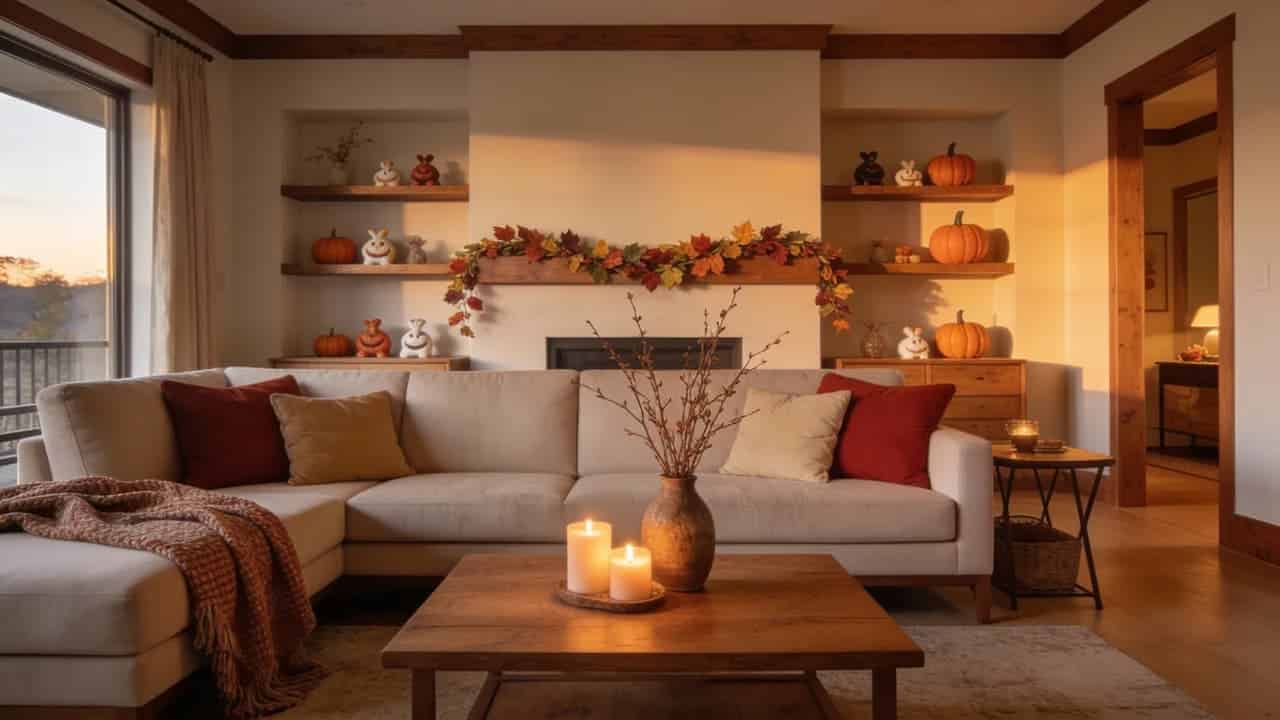Warm fall design living room with cozy textures, natural decor, and seasonal colors.