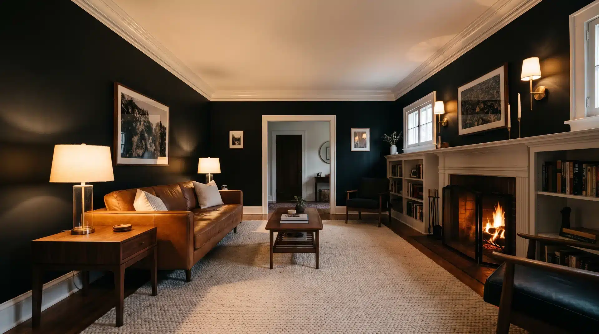 Full living room with Sherwin-Williams Tricorn Black walls white trim cognac leather sofa.