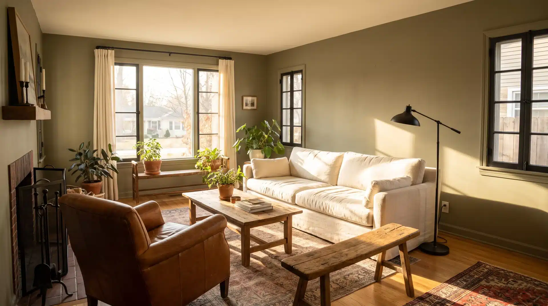 Full living room with Benjamin Moore Camouflage olive walls ivory sofa and cognac leather chair.