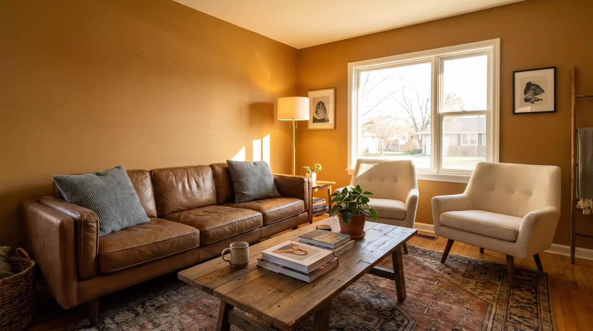 Full living room with Sherwin-Williams Sunflower ochre walls brown sofa and ivory accent chairs.
