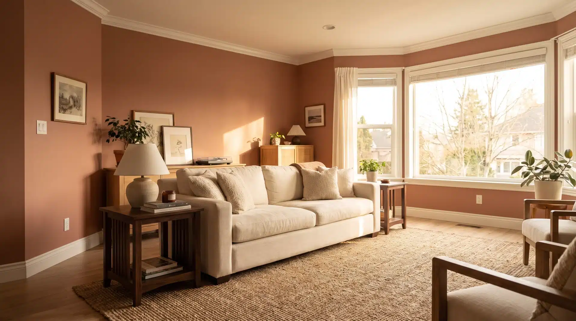 Full living room with Behr Burnished Clay terracotta walls white trim and cream linen sofa.