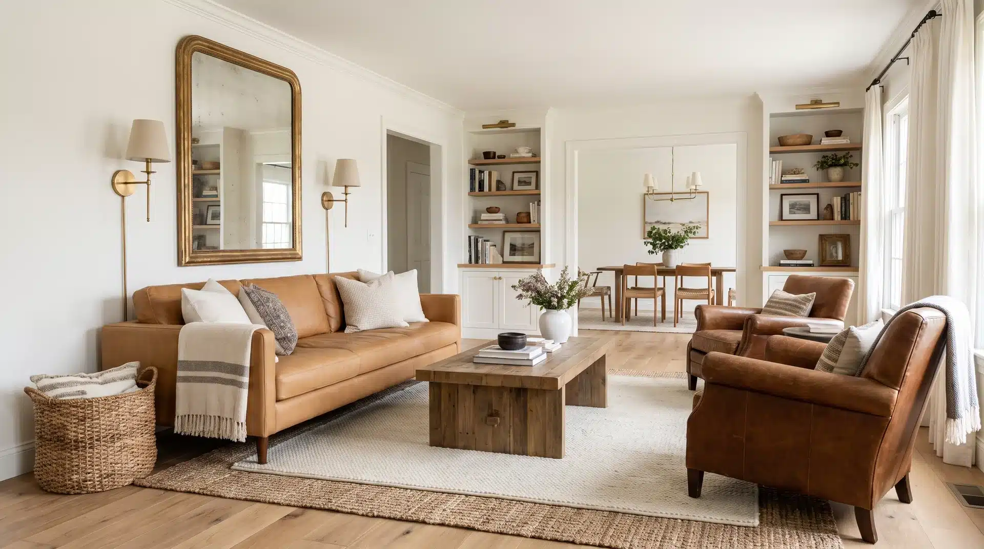 Full living room with Benjamin Moore White Dove warm white walls camel sofa and brass sconces.
